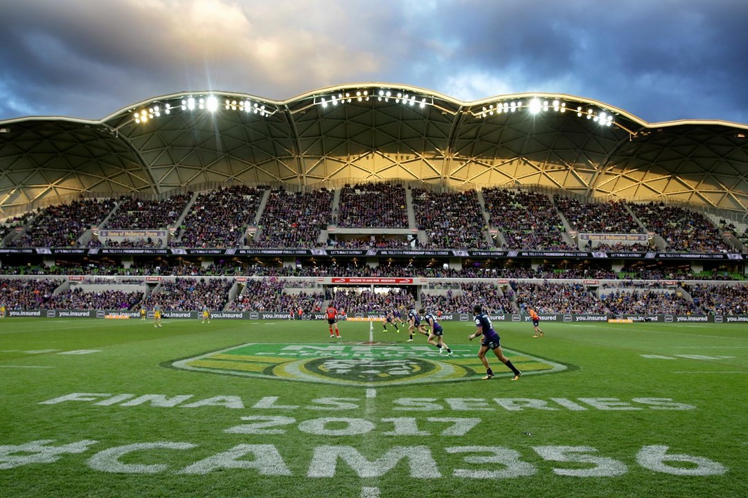AAMI Park in Melbourne on a match day, its curved lattice roof above a full stand, with FINALS SERIES 2017 painted across the grass