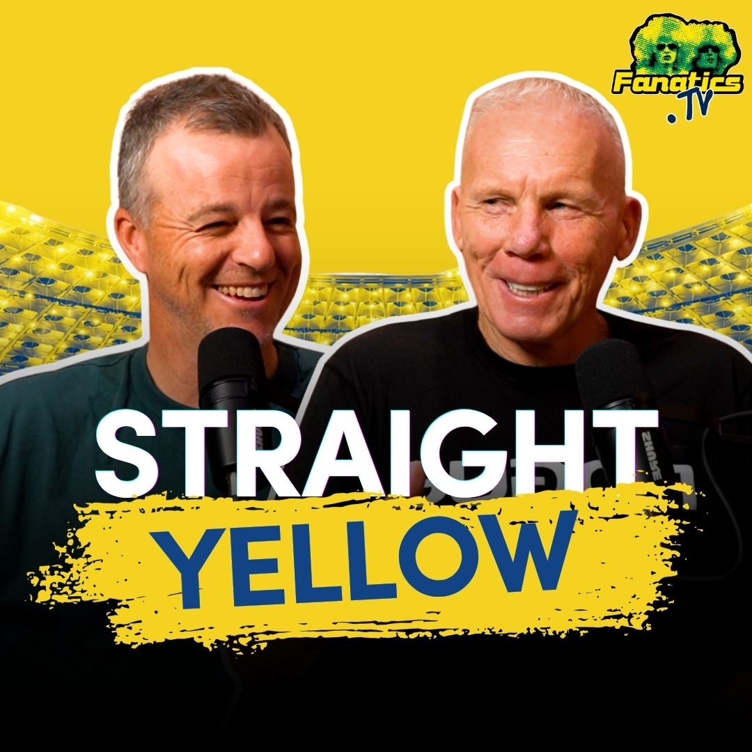 Adam Peacock and Robbie Slater in front of a stadium crowd, under the Straight Yellow logo